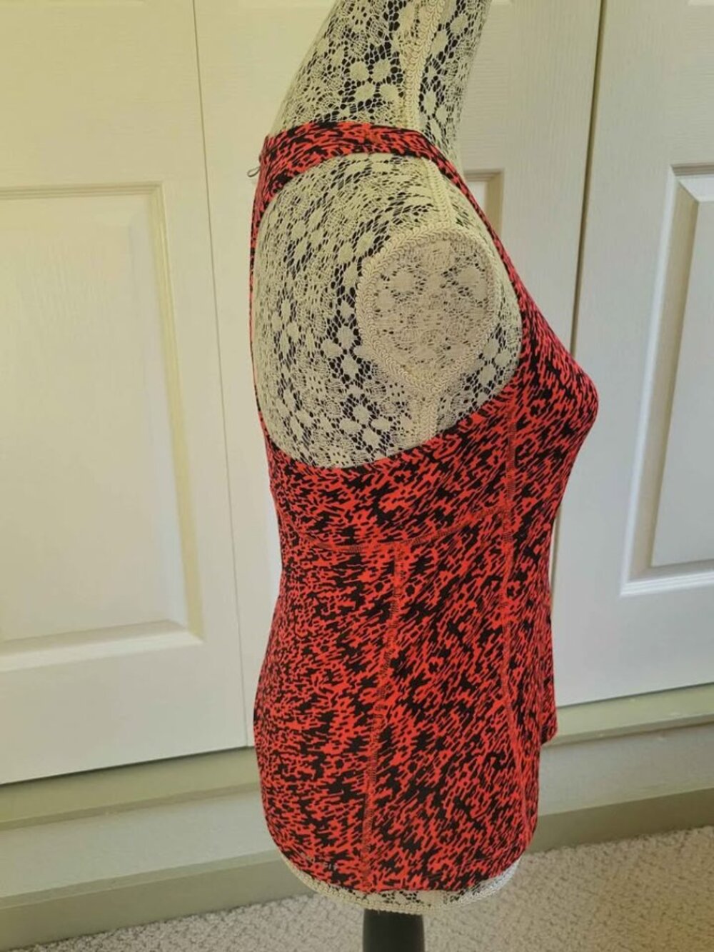 Nike Dri-Fit Racerback Running Tank Top In A Coral And Black Abstract Pattern - Picture 2 of 8